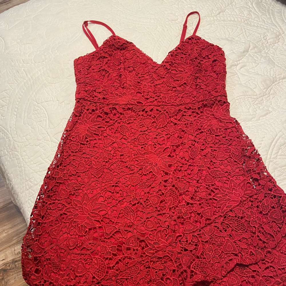Lace red thin strap dress